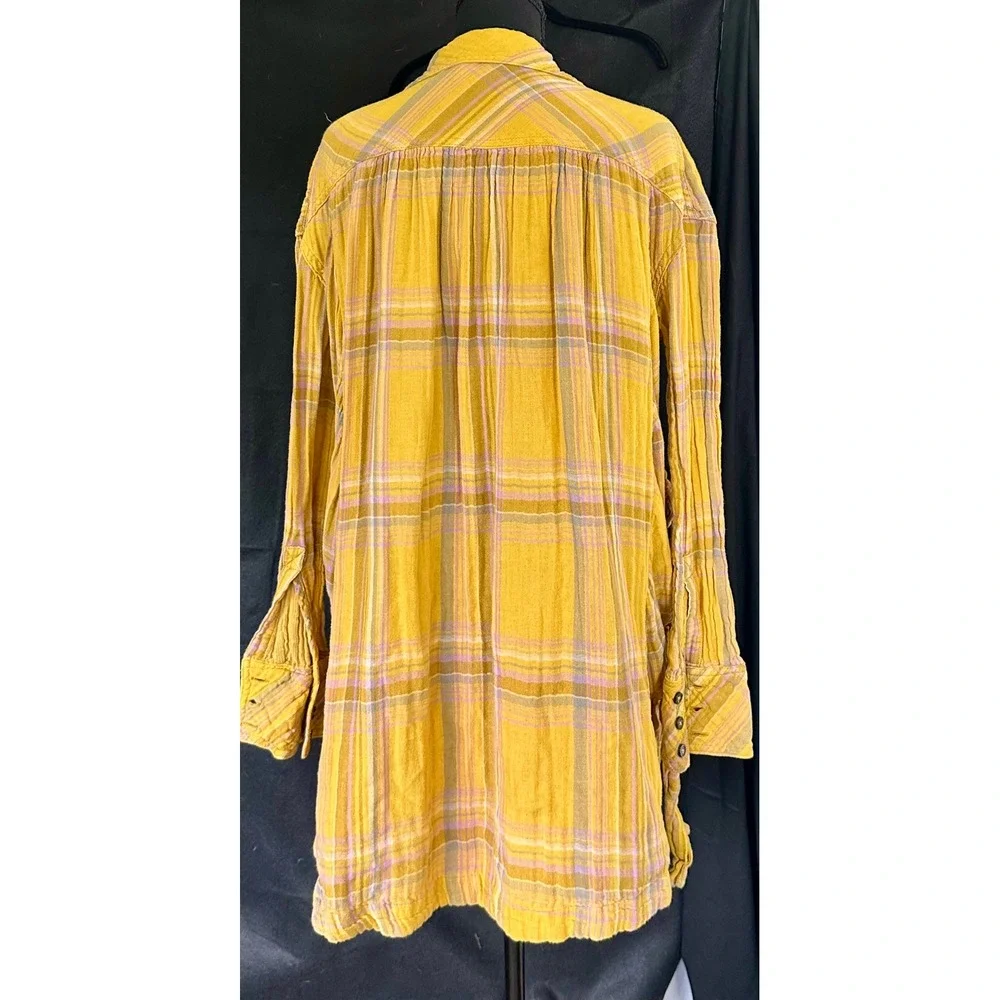 Free People Mustard Yellow Plaid Lace Up‎ Side Oversized Button Down Shirt XS